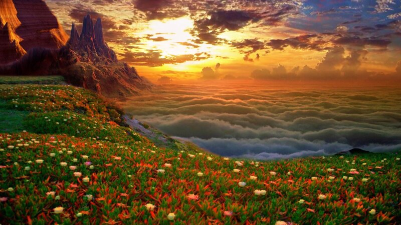 Flower-covered Hillside — Green, Dramatic, Sunset, Digital Art, Mountains