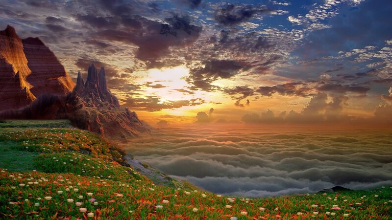 Flower-covered Hillside — Green, Dramatic, Sunset, Digital Art