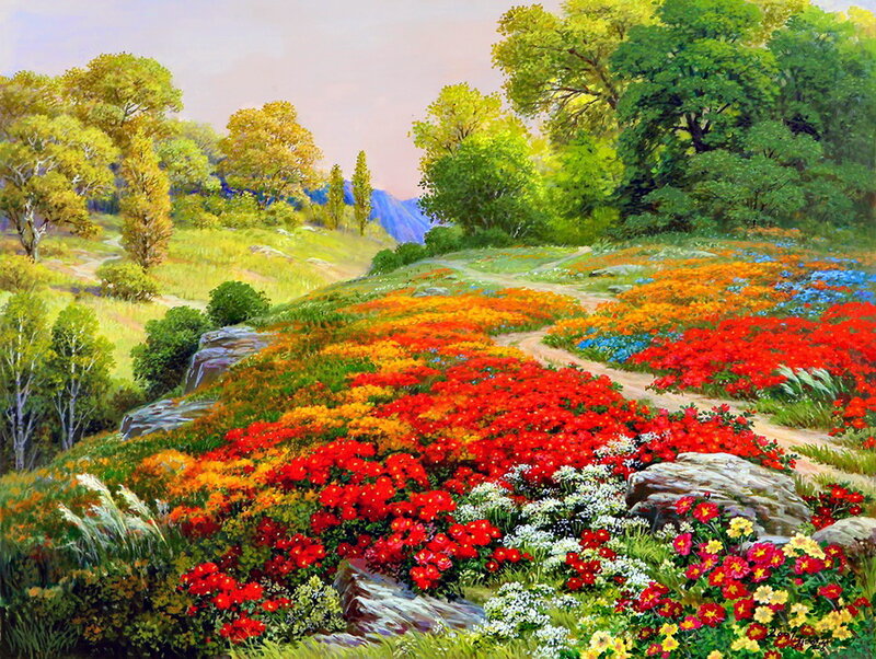Flower-covered Hillside — Red, Serene