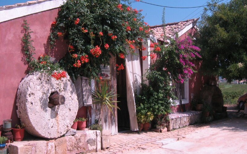 Flower-covered house with millstone