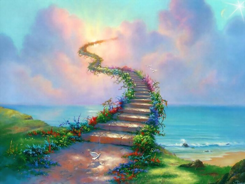Flower-covered Staircase — Blue, Serene