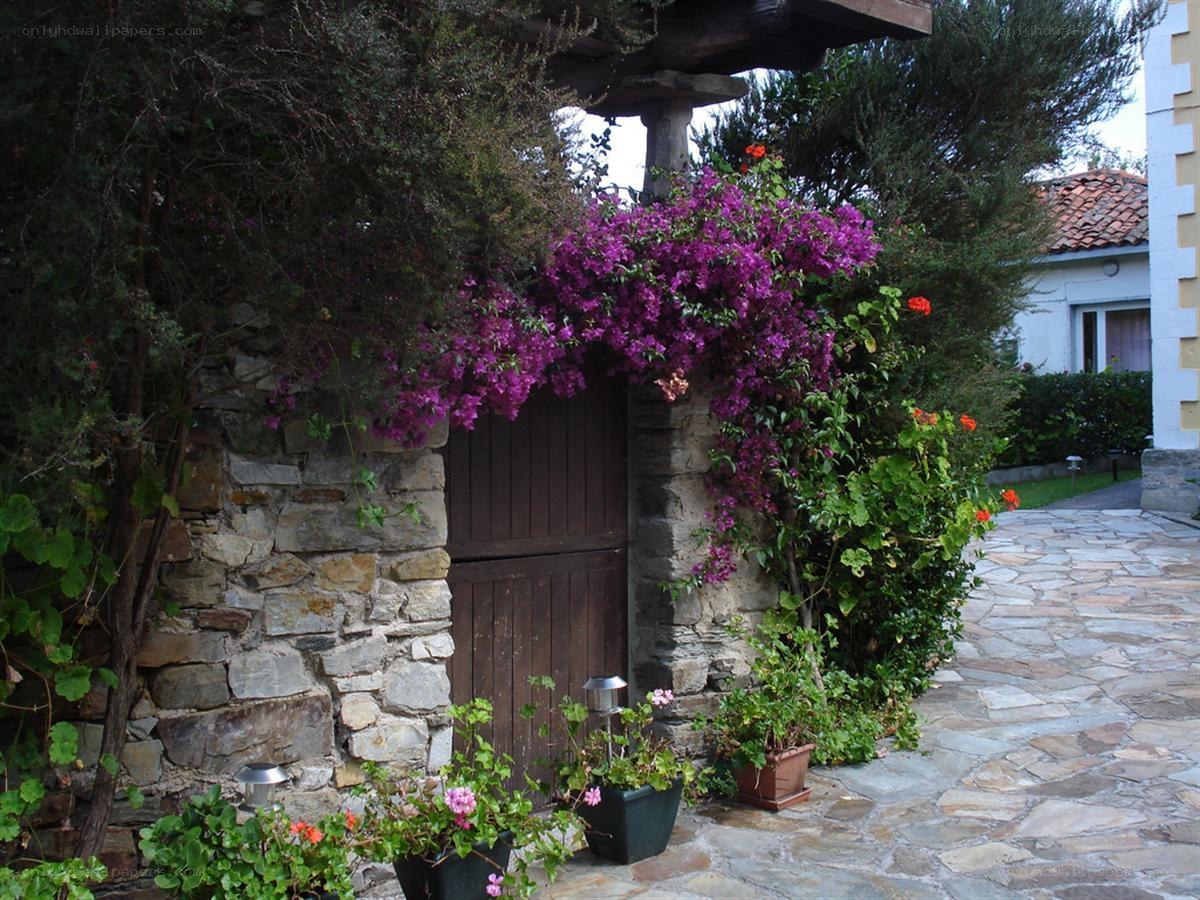 Flower-covered stone doorway