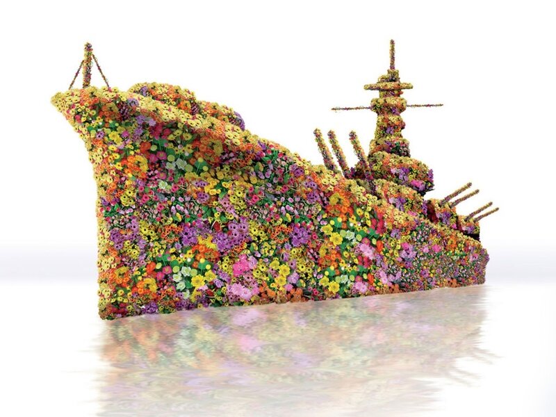 Flower-covered warship sculpture