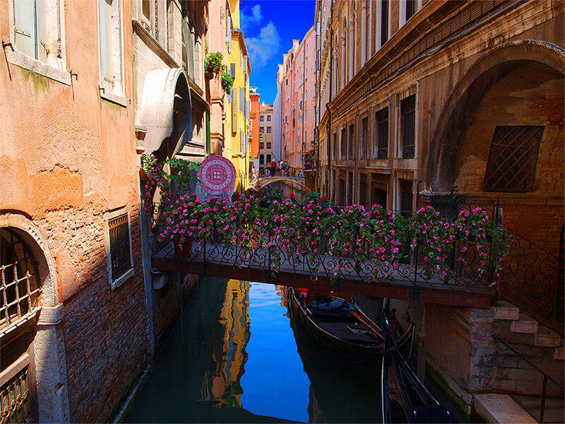 Flower-decked Bridge over Canal — Blue