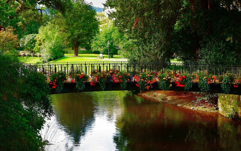 Flower-decked Bridge over River — Green, Serene, Afternoon