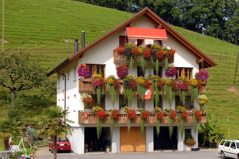 Flower-decorated house on a hillside