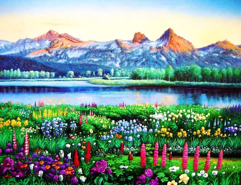 Flower Field with Lake — Green