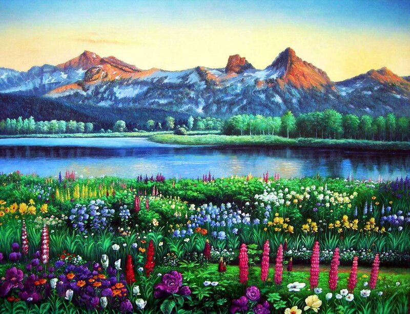 Flower Field with Mountains — Green, Serene, Sunset