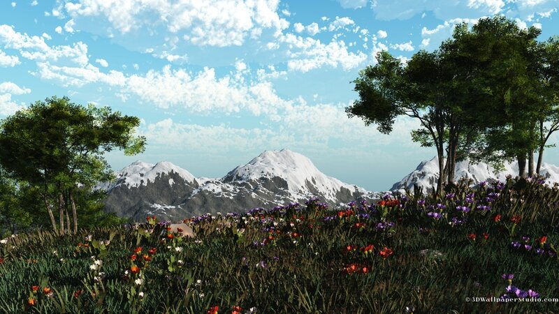 Flower Field with Mountains — Green