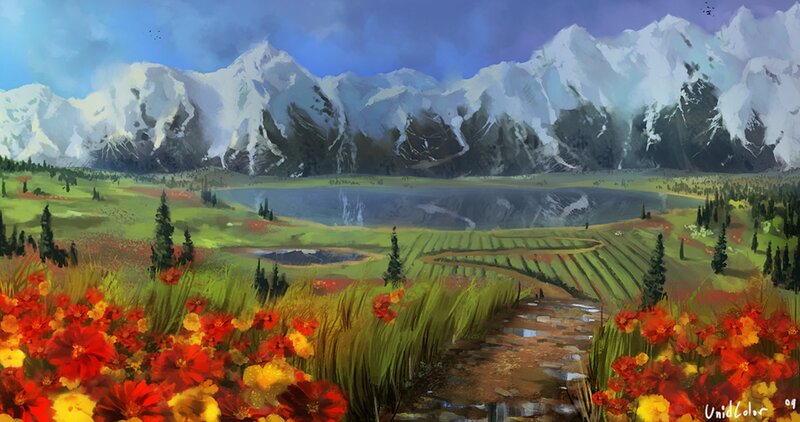 Flower Field with Mountains — Red