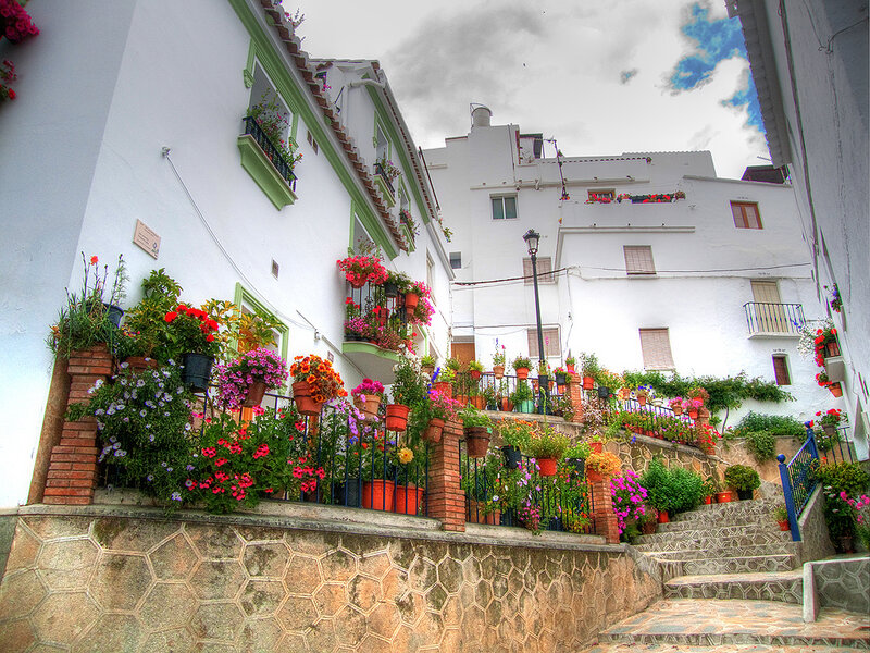 Flower-filled alley in a Spanish village