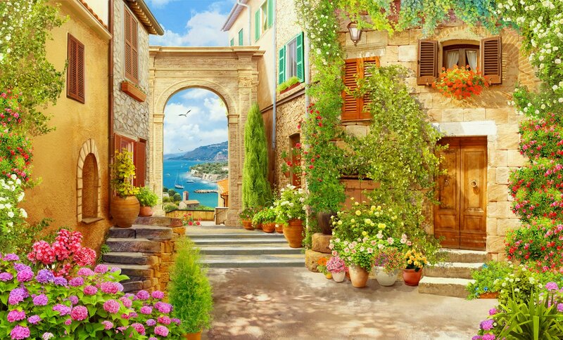 Flower-filled Alley with Arch