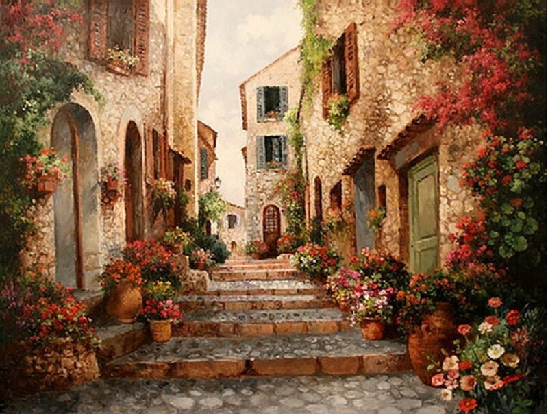Flower-filled Alleyway — Red, Serene, Afternoon, Painting