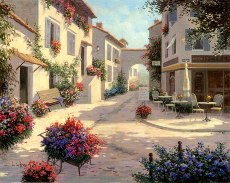 Flower-filled Alleyway — White, Serene, Afternoon, Painting