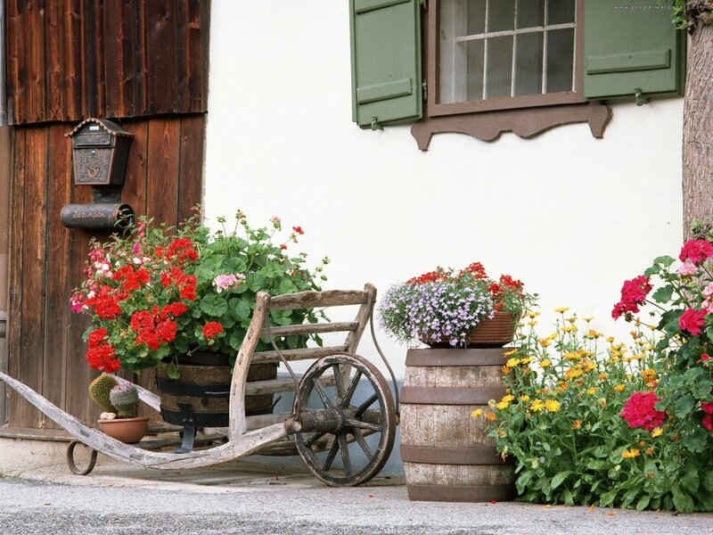 Flower-filled Cart and Barrel