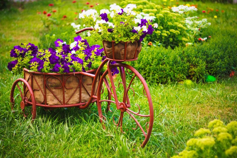 Flower-filled Cart in Garden — Green