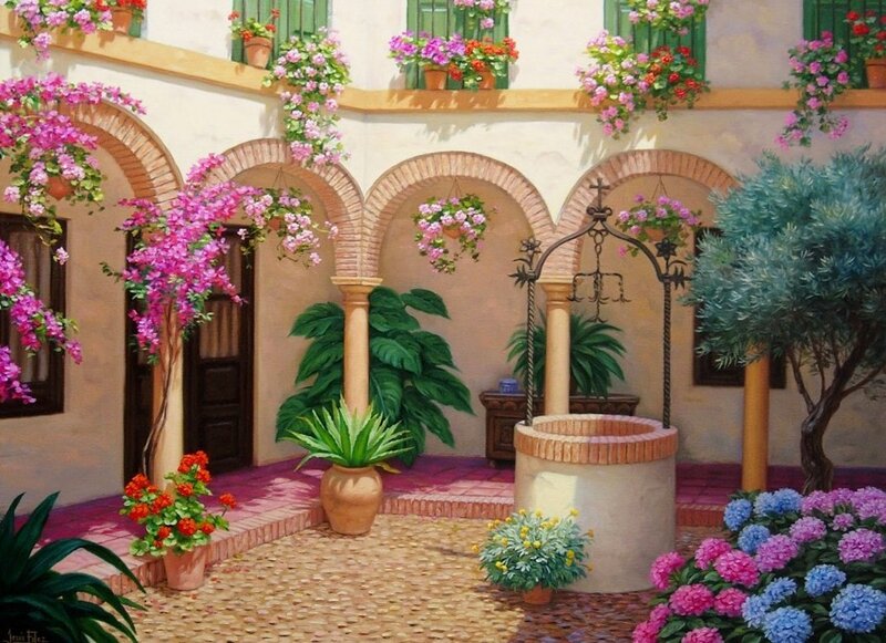 Flower-filled Courtyard — Pink, Serene, Afternoon