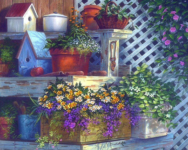 Flower-filled Garden Shelf