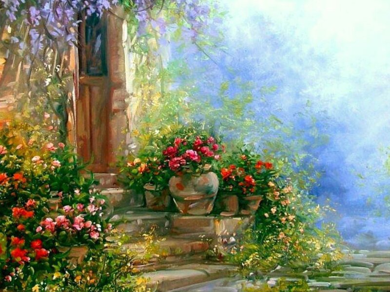 Flower-filled Garden Steps — Green