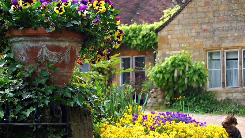 Flower-filled garden with stone cottage