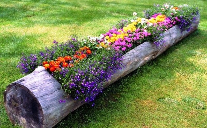 Flower-filled Log Planter — Green, Serene