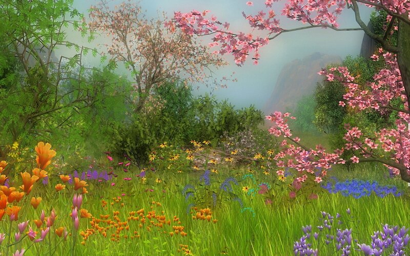 Flower-filled Meadow — Green, Serene, Spring, Digital Art
