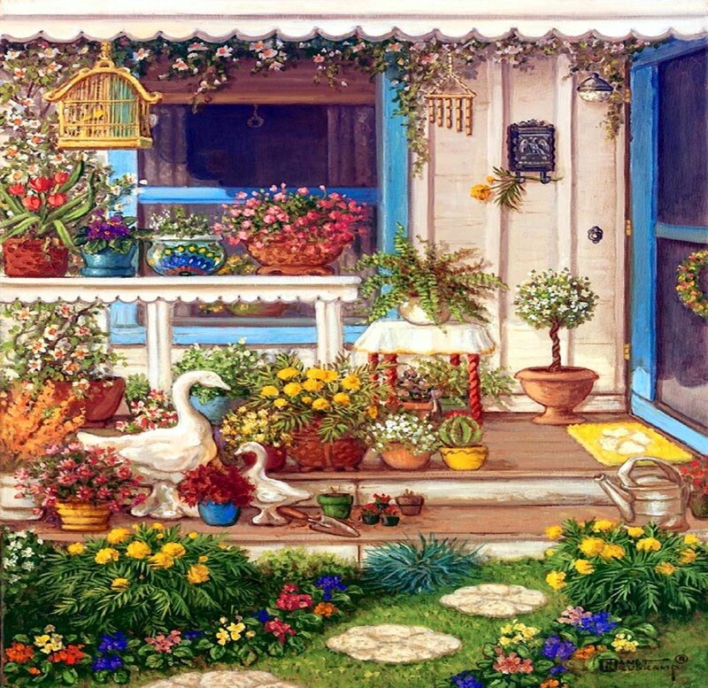 Flower-filled Porch — Green, Serene, Afternoon, Painting