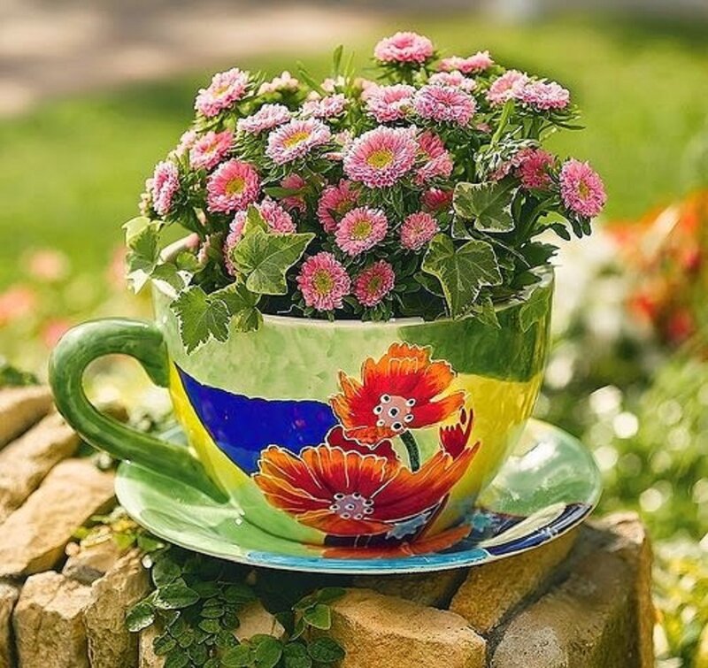 Flower-filled Teacup — Green