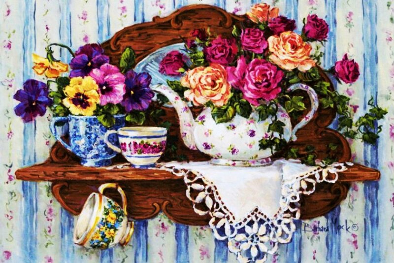 Flower-filled Teapot and Cups