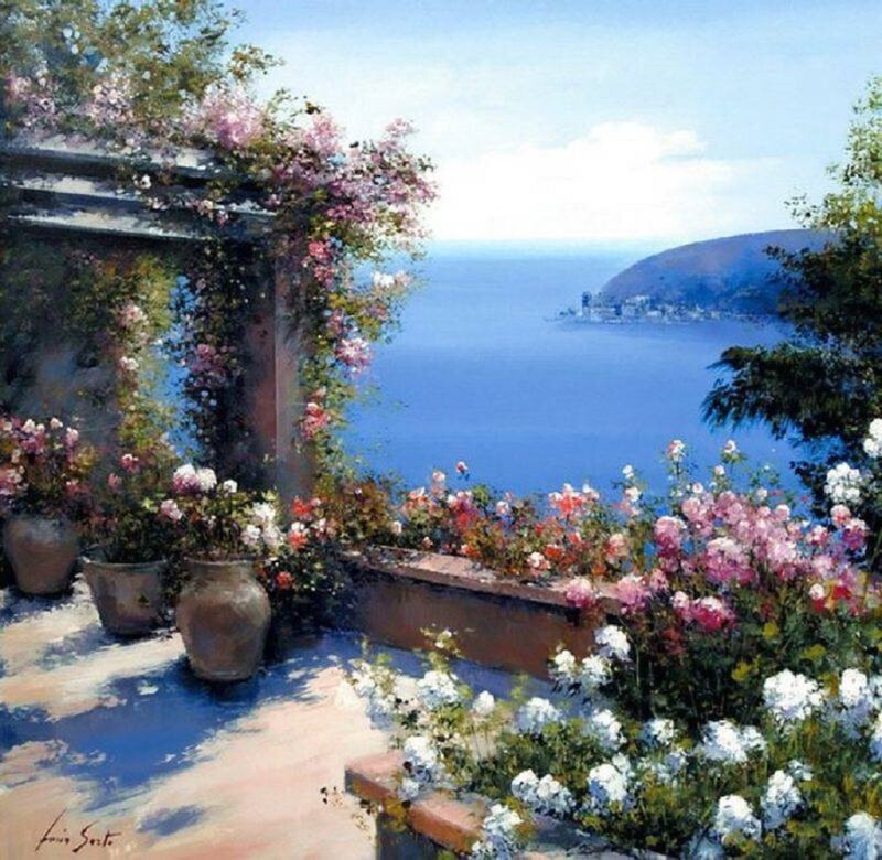 Flower-filled Terrace — Blue, Serene