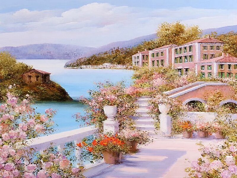 Flower-filled Terrace by Water