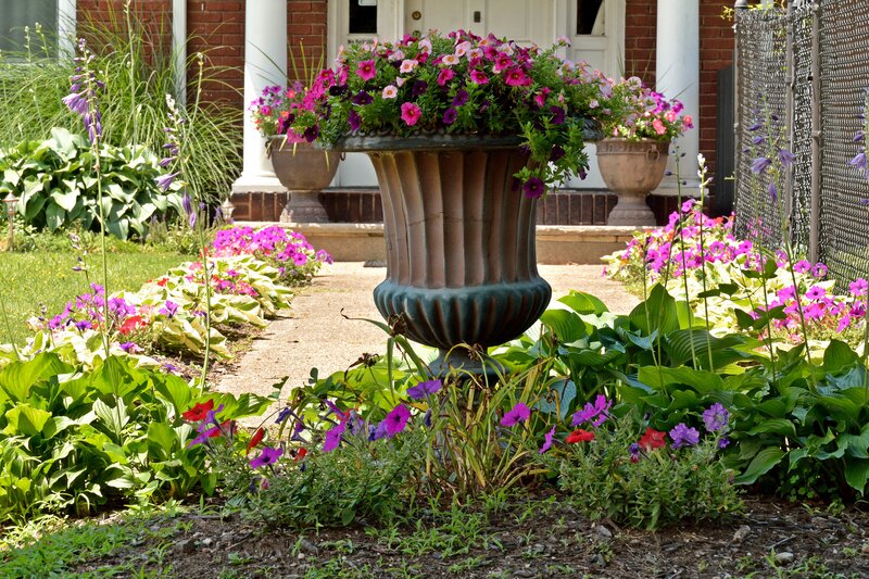 Flower-filled Urn in Garden