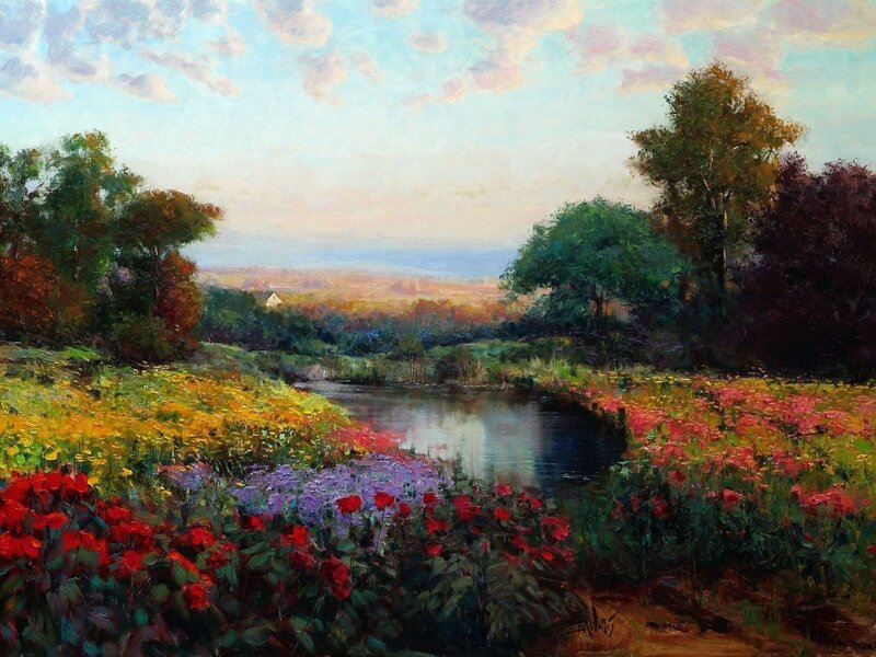 Flower Garden by River — Red