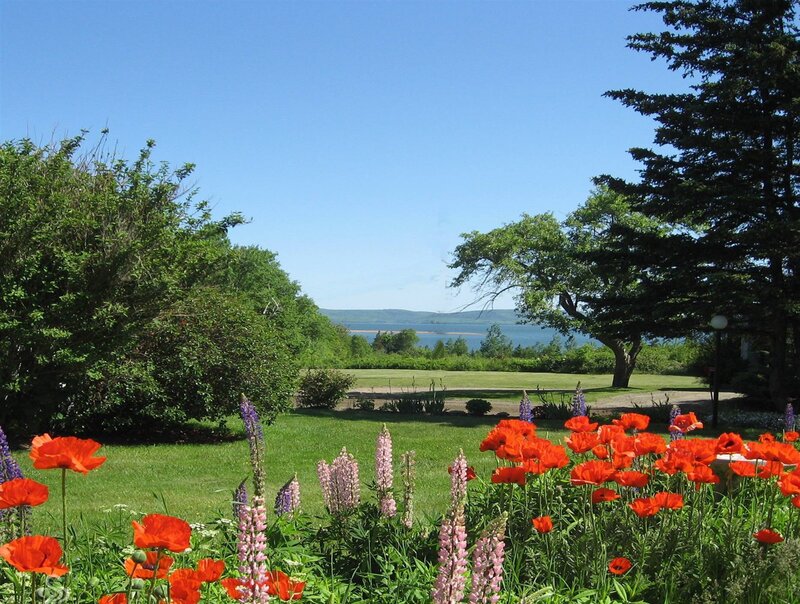 Flower garden overlooking a lake