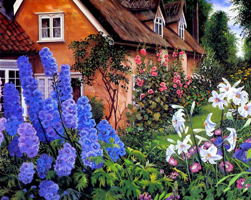 Flower Garden with Cottage — Blue, Serene