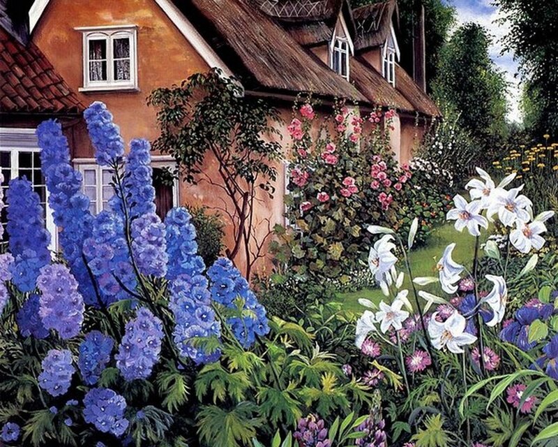 Flower Garden with Cottage — Blue