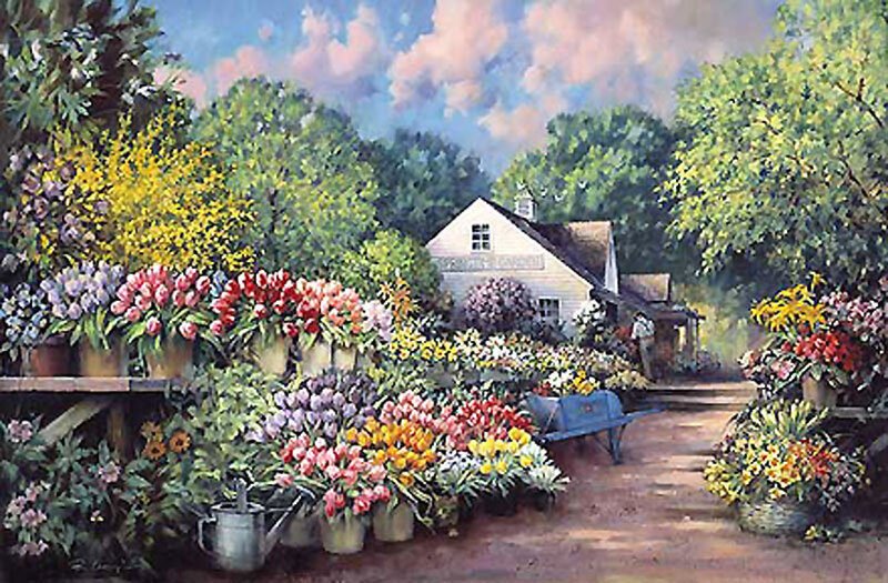 Flower Garden with Cottage — Green