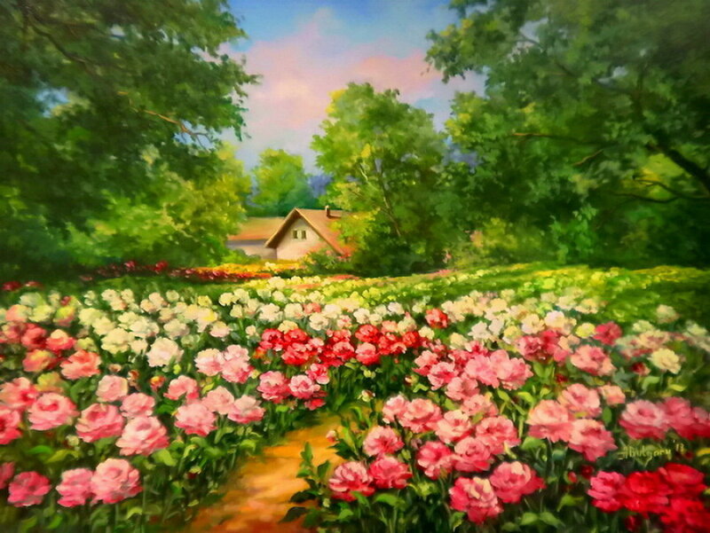 Flower Garden with Cottage — Pink