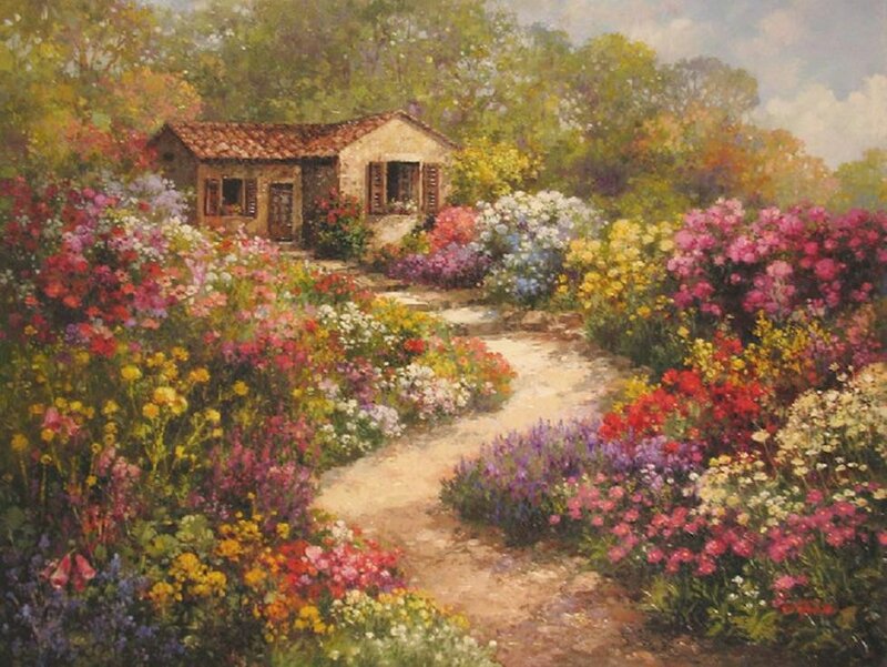 Flower Garden with Cottage