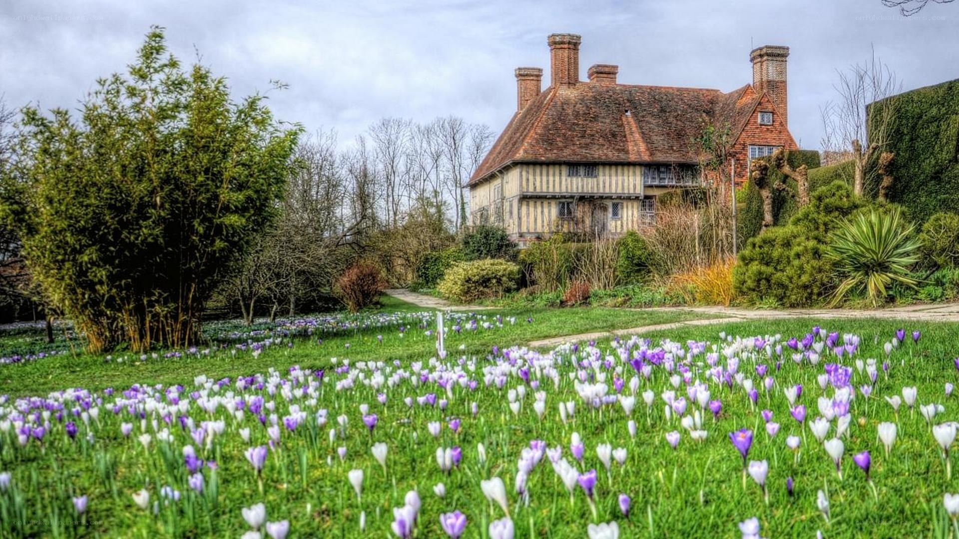 Flower garden with historic house