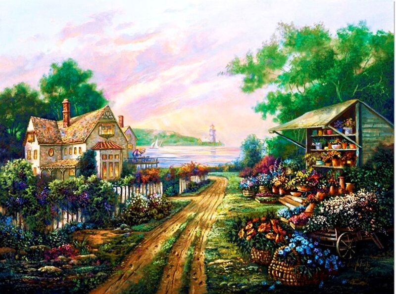 Flower Garden with House — Green, Serene, Sunset
