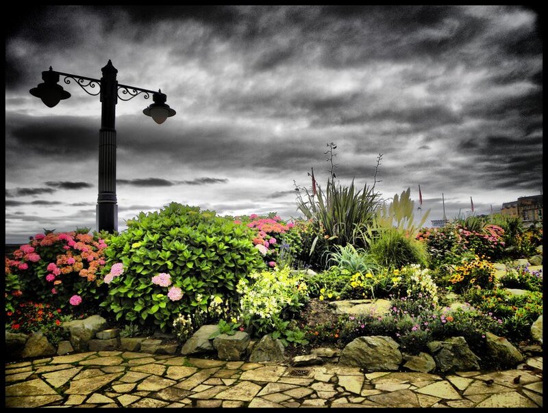 Flower Garden with Lamp Post