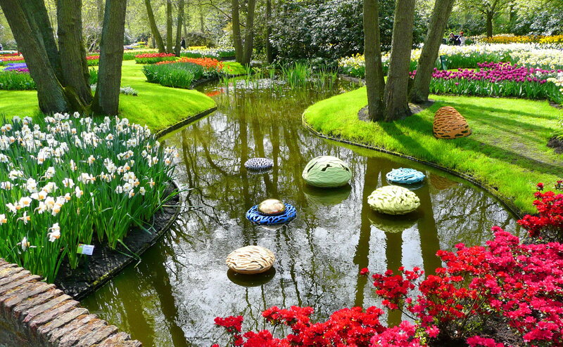 Flower Garden with Pond — Green, Serene, Spring, Photograph, Flowers