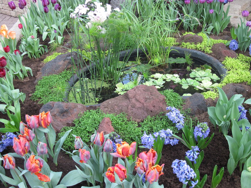 Flower Garden with Pond — Green, Serene, Spring