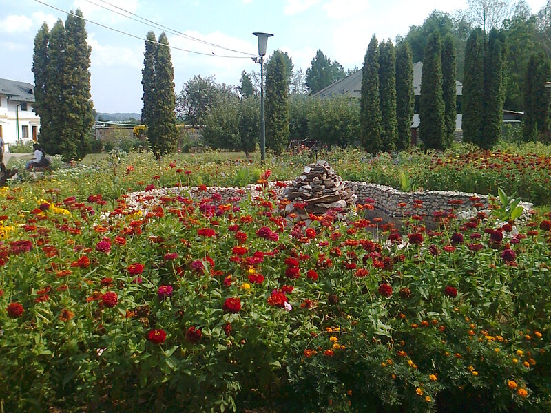 Flower Garden with Stone Wall — Red