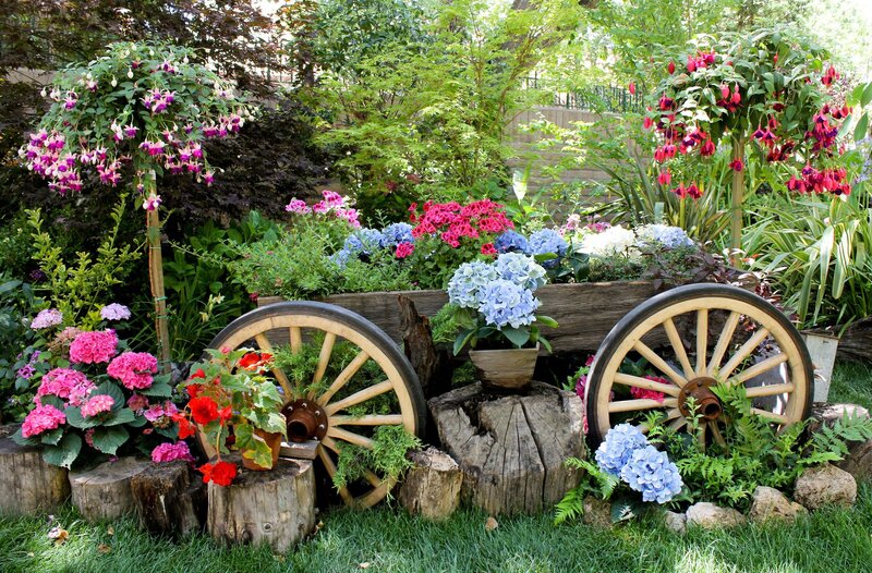 Flower Garden with Wagon Wheels