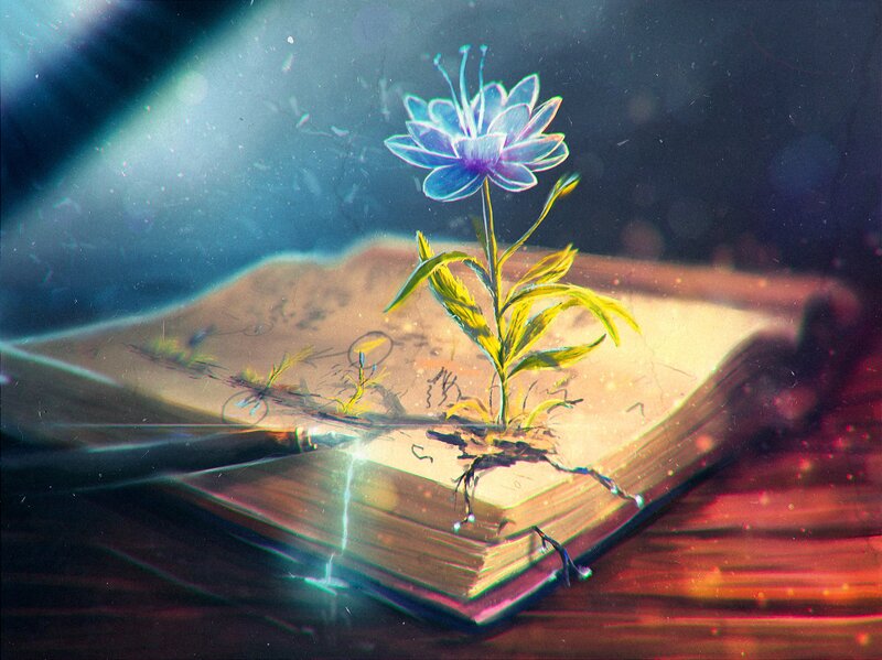 Flower Growing from Book — Blue