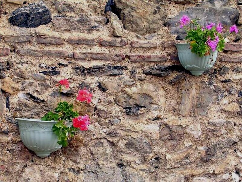 Flower pots on a stone wall