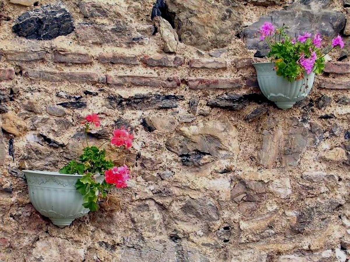 Flower pots on a stone wall
