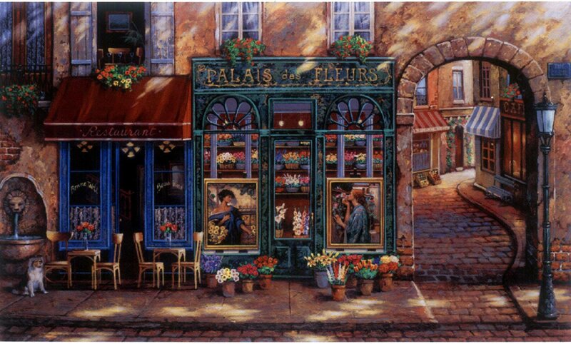 Flower Shop Storefront — Green, Serene, Afternoon, Painting, Cafe Tables